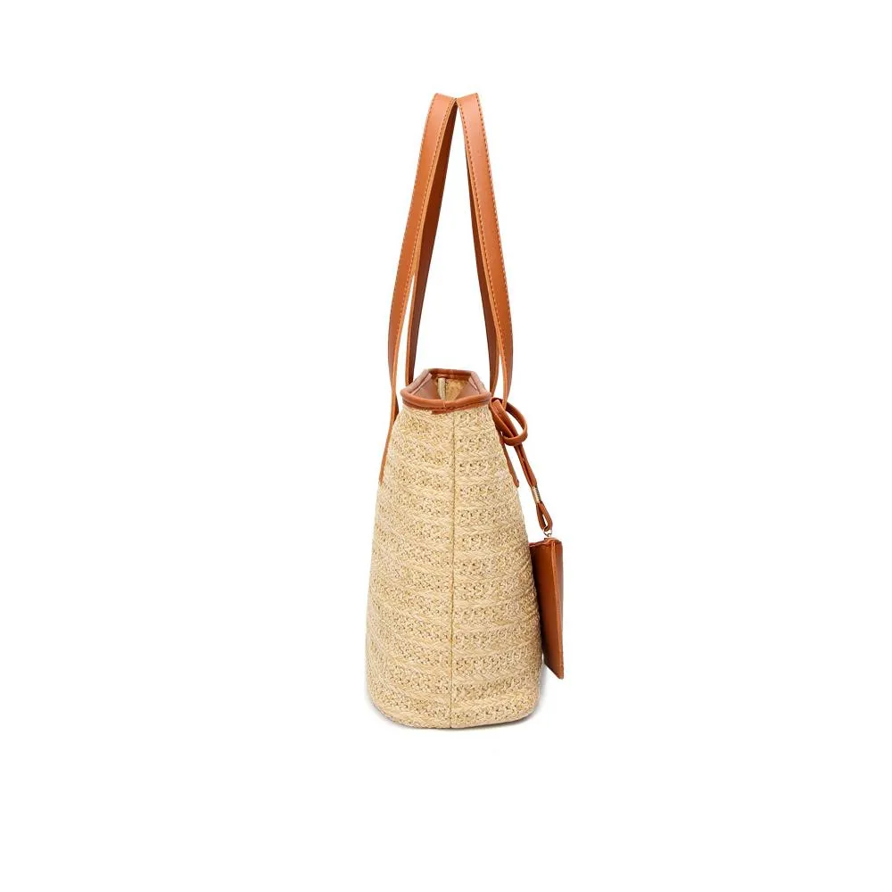 Vegan Leather Trimmed Straw Tote