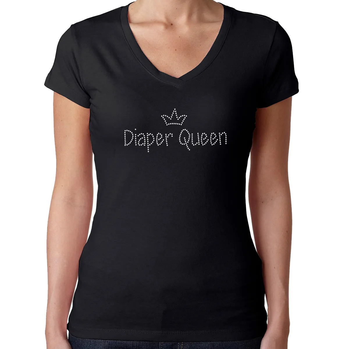 Womens T-Shirt Bling Black Fitted Tee Diaper Queen Funny Humor